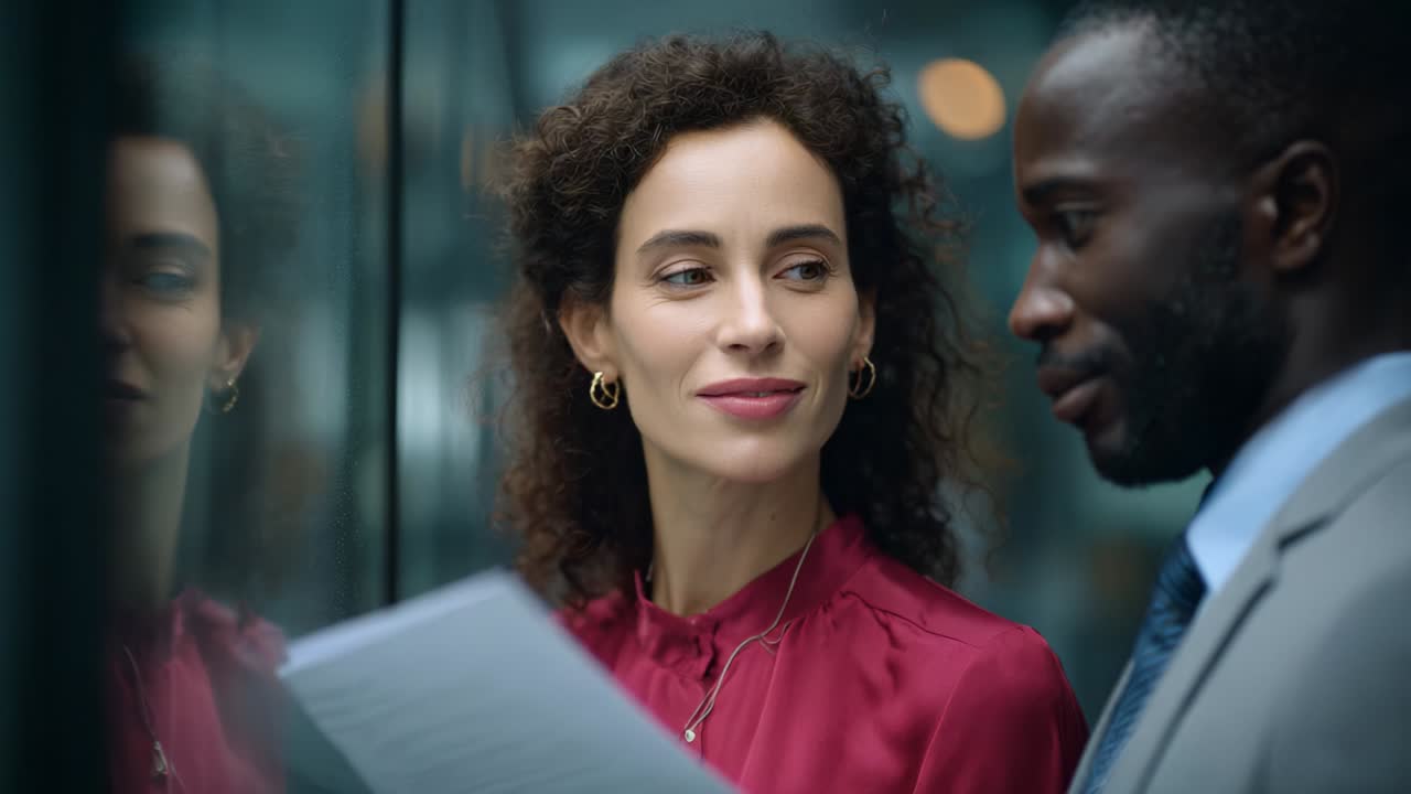 Engaging Dialogue Between Two Professionals in an Urban Setting, Showcasing a Moment of Connection and Collaboration, with Reflections in Glass Highlighting Their Conversation and Interactions