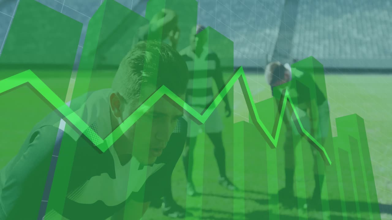 animación de un gráfico verde que se forma con una cuadrícula sobre un equipo de rugby multiétnico de pie en un campo