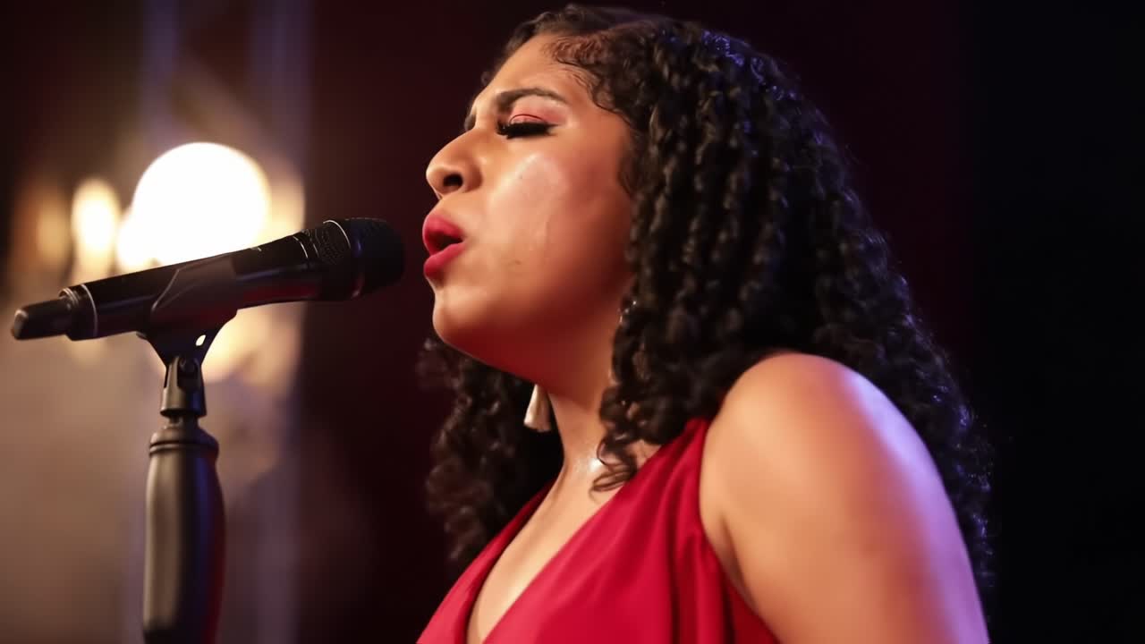 Performance accattivante: una cantante in abito rosso esprime emozioni e passione durante un intimo concerto dal vivo, con faretti che esaltano l'atmosfera