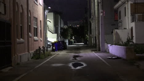 olhando por um beco à noite, o exterior está vazio.