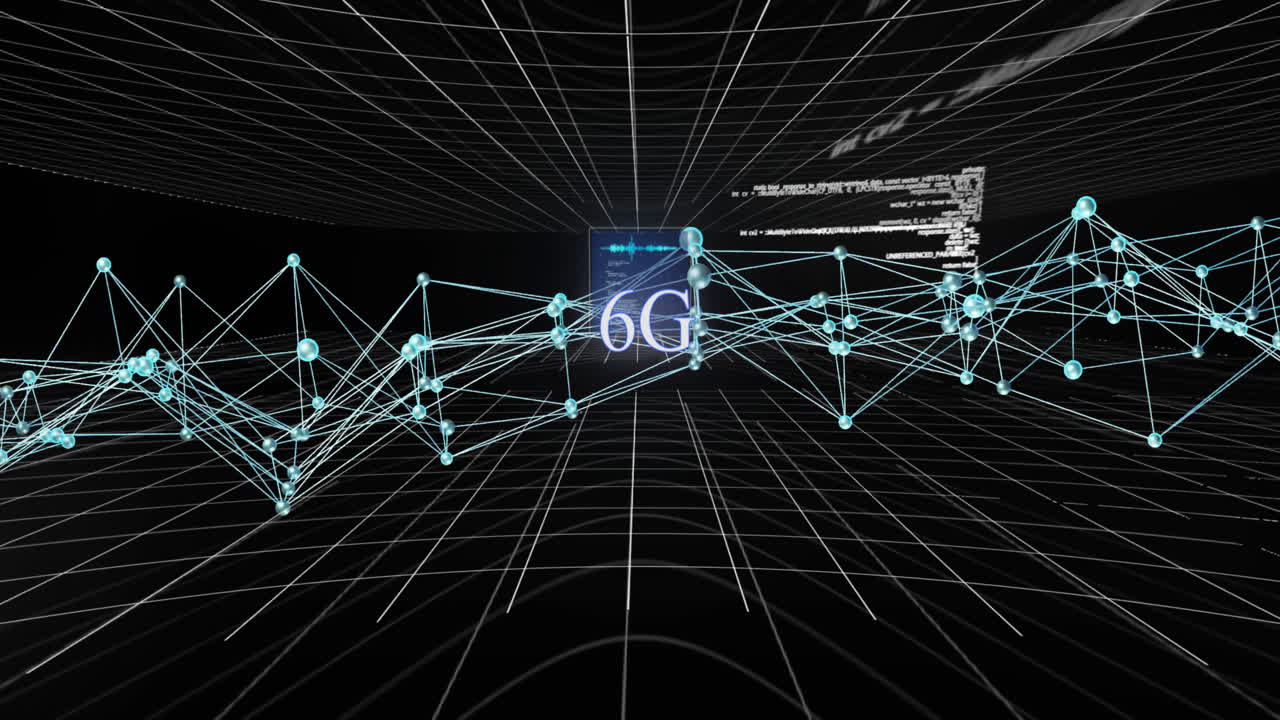 Animation of 6g text, digital data processing over connections on black background