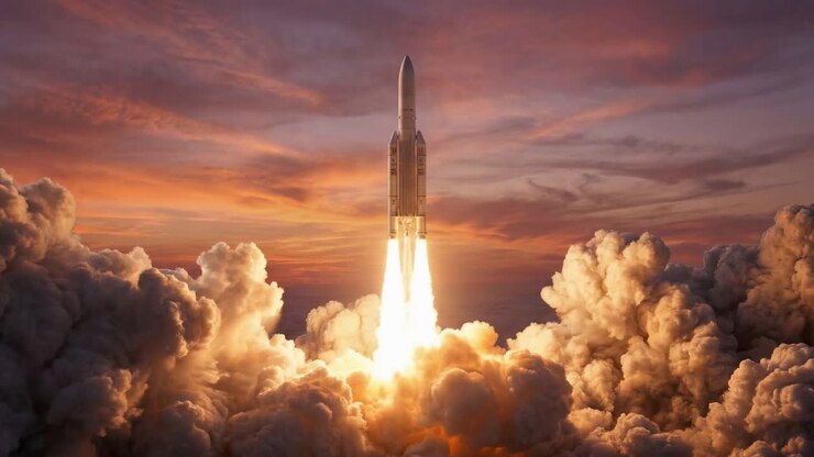 Dramatic orange and purple sky frames powerful rocket lifting amidst billowing smoke and glowing