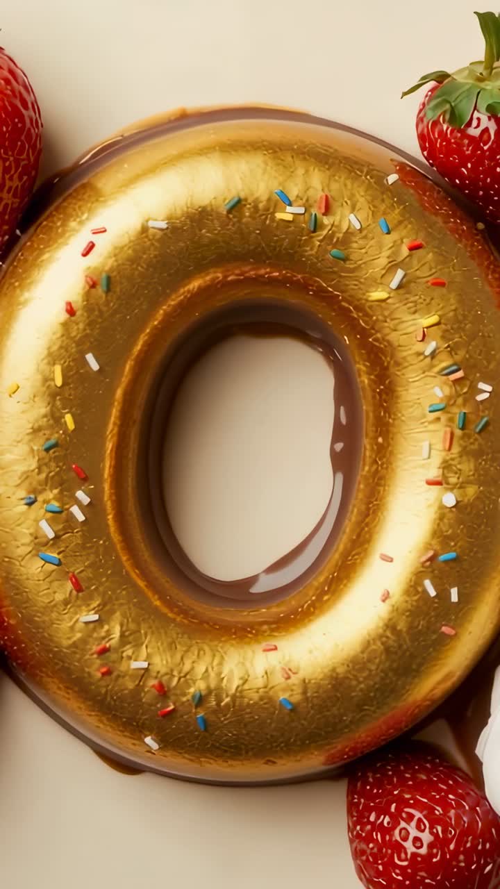Video verticale: ciambella glassata con granelli che ruota e si sposta, posta su un piatto, con un ricciolo di panna che arriva