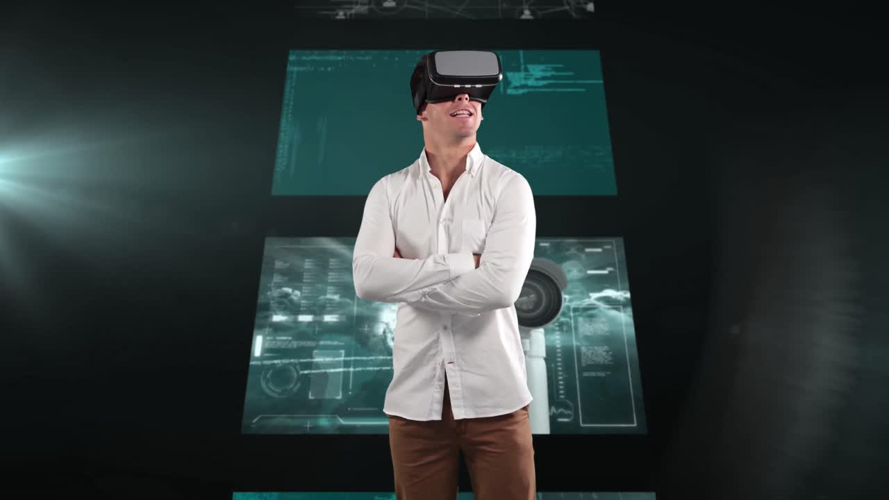 Animace obchodníka s VR headsetem nad obrazovkami se zpracováním dat