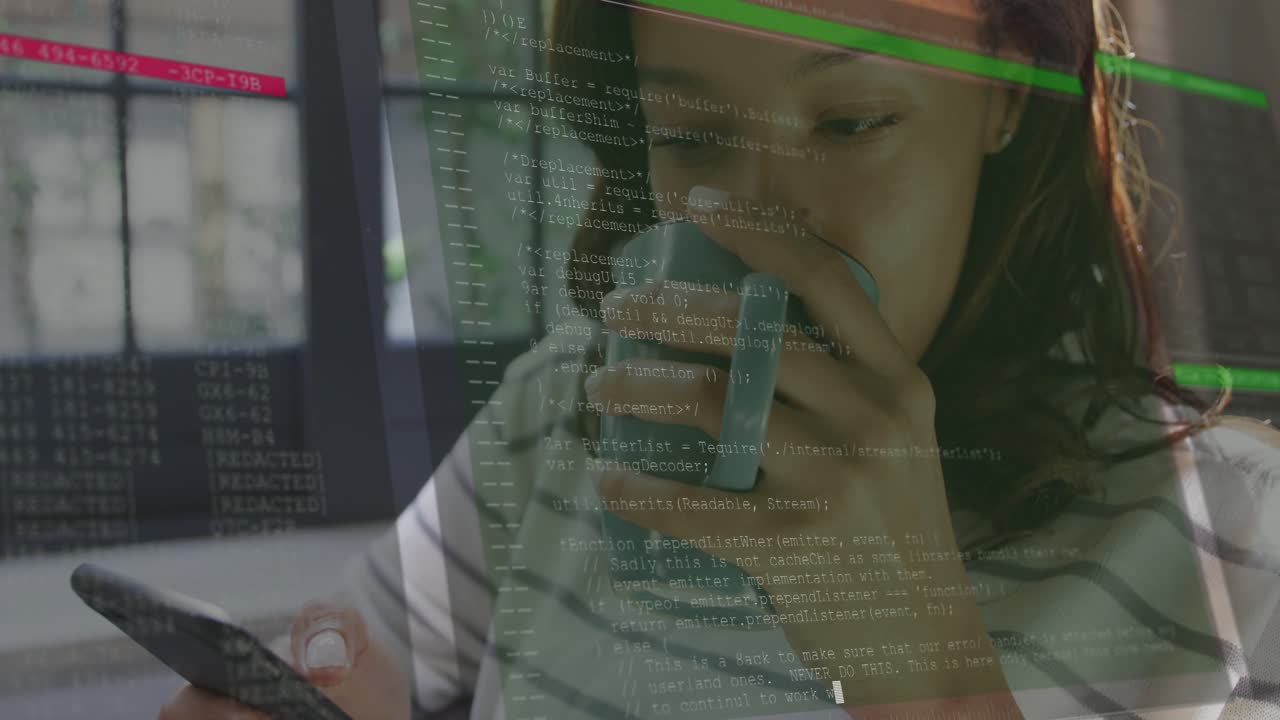 Woman tapping phone by window, causing growing tech code overlay while sipping mug and reading text