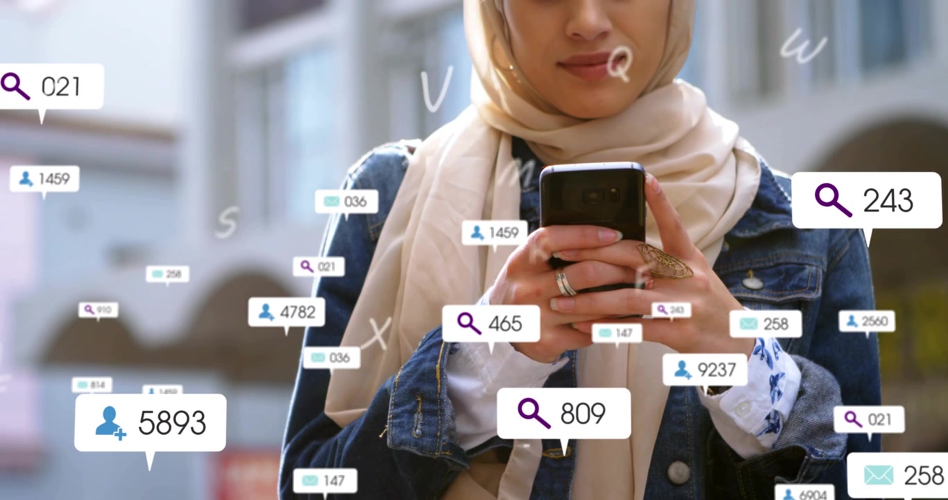 Woman tapping phone, search and notification badges multiplying over phone, showing social metrics