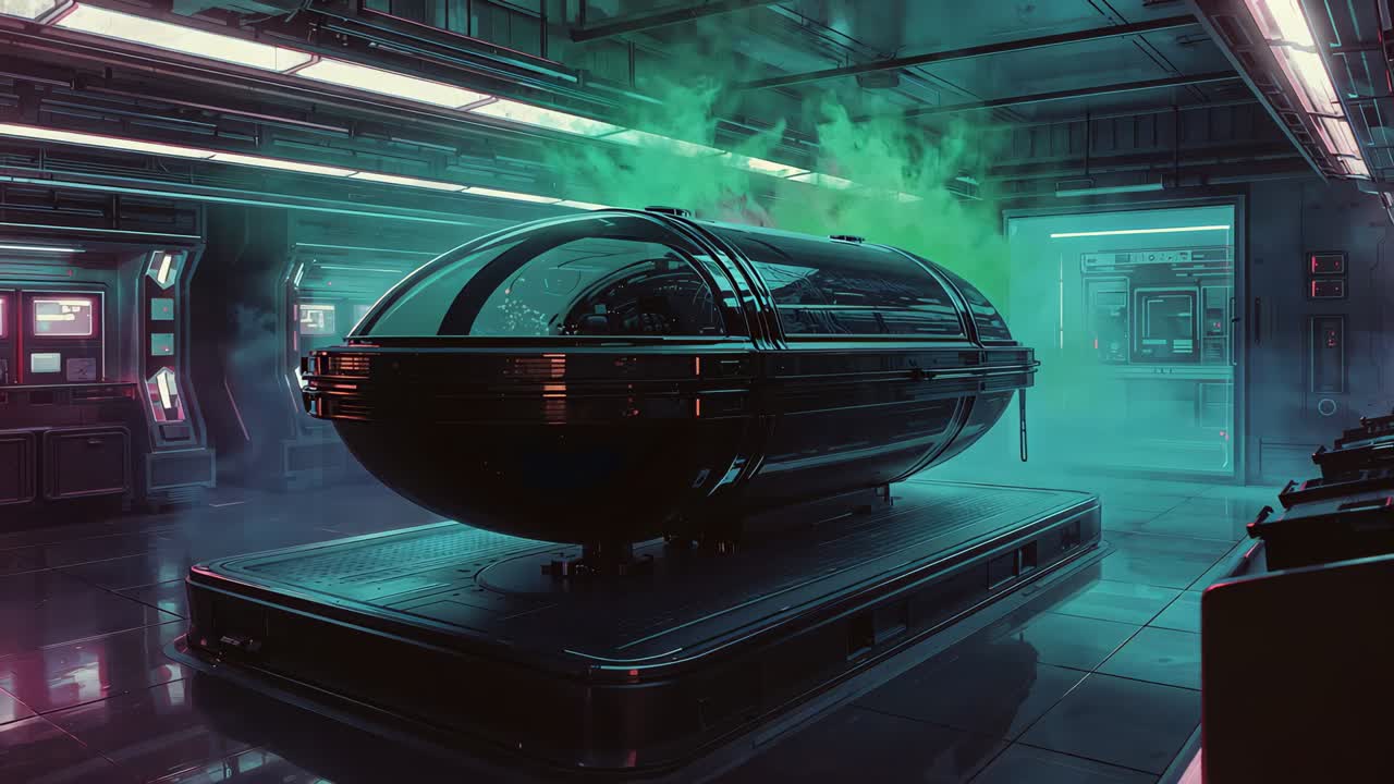 Billowing green vapor emerging from rear doorway surging toward capsule on pedestal, with consoles