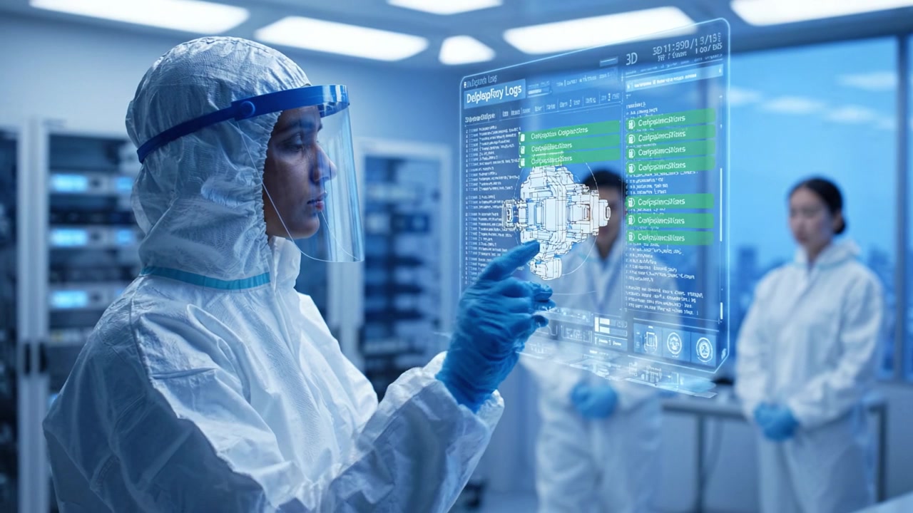 A scientist in protective gear examines advanced holographic data on a screen, demonstrating cutting-edge technology in a sterile laboratory environment.