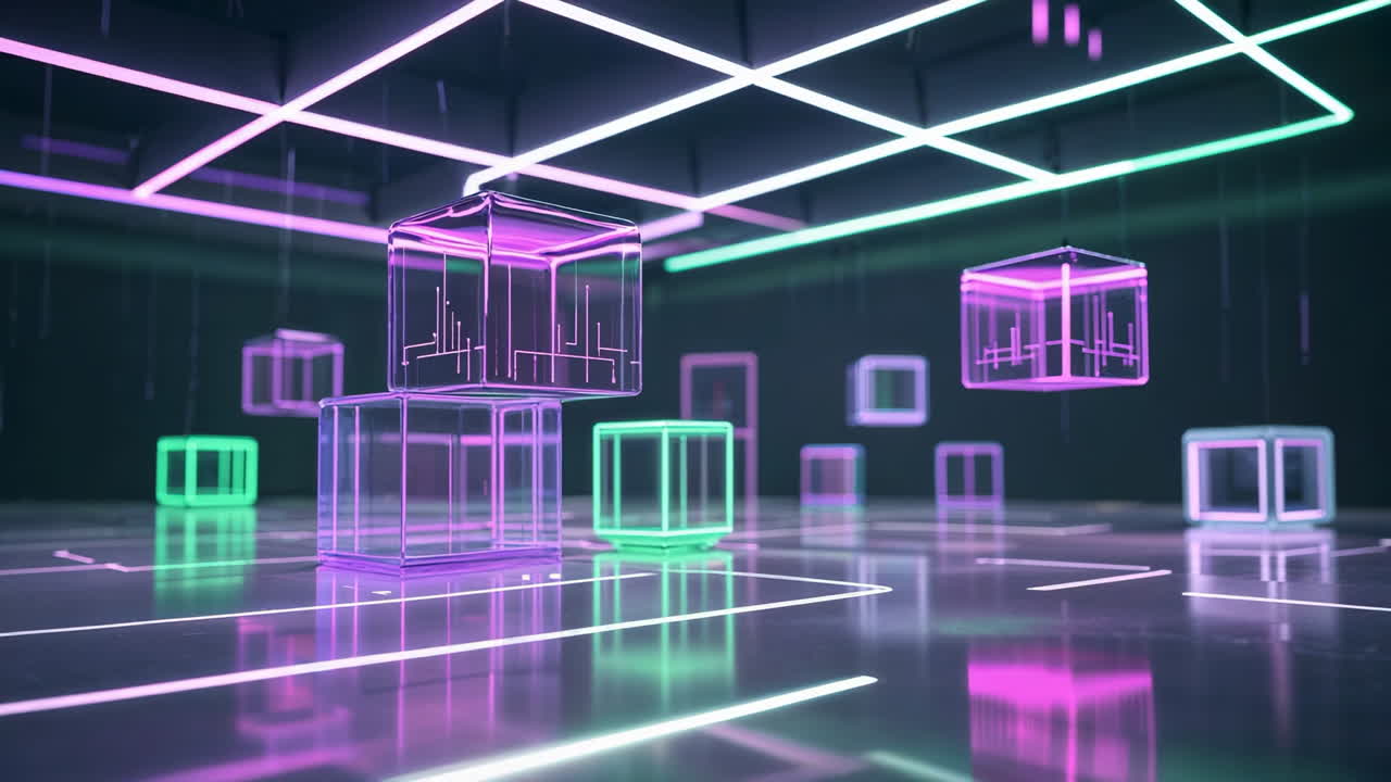 Abstract Digital Cubes in Neon Grid
