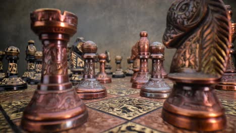 Flight-of-the-camera-between-vintage-chess.-Super-macro-close-up.