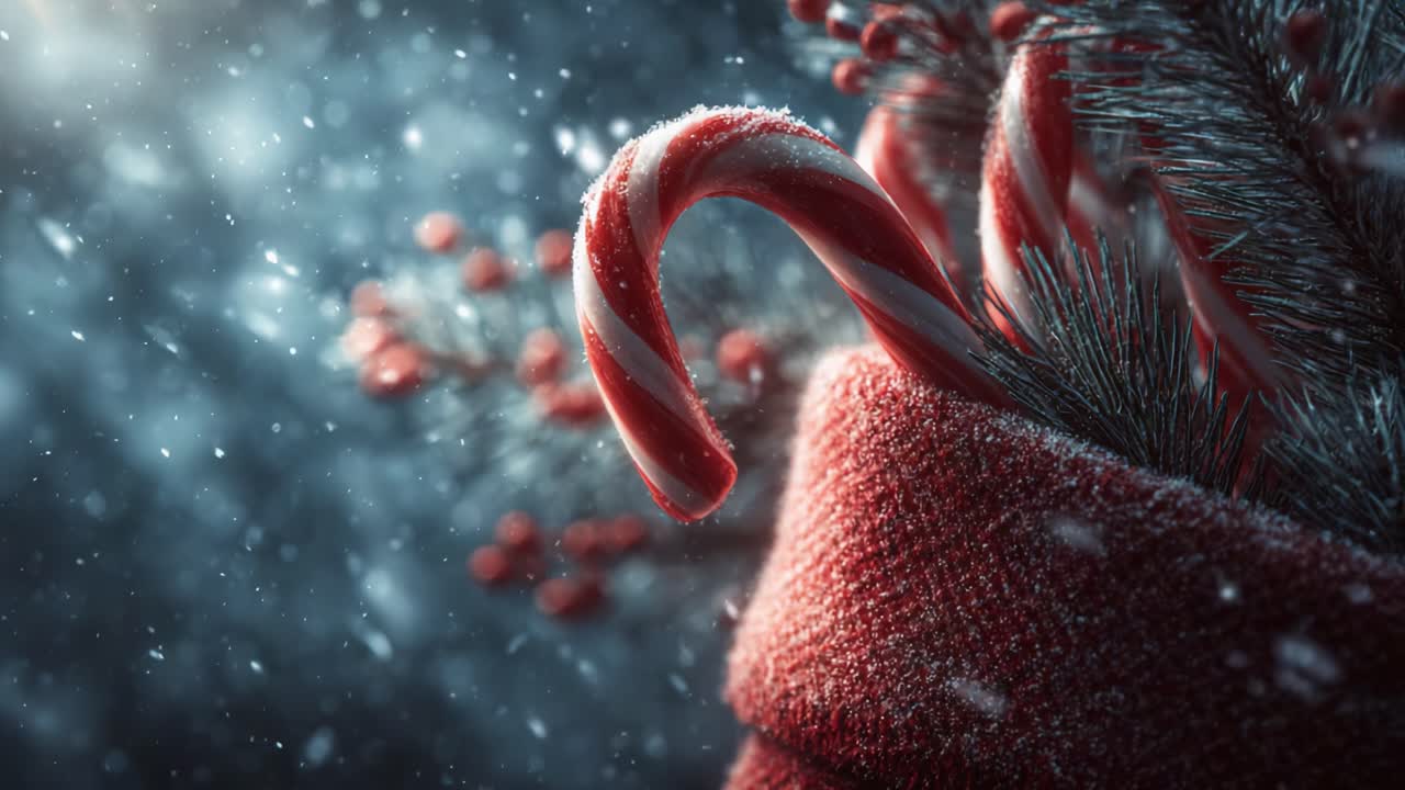 Festive Christmas Candy Canes Surrounded by Pine and Snowy Background Evoking Holiday Cheer and Celebration in a Beautiful Winter Setting