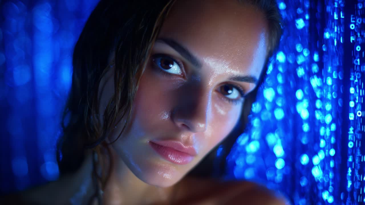 A captivating close-up of a young woman with wet hair, shimmering droplets cascading down her face, illuminated by blue lights that create a magical, ethereal atmosphere in the background