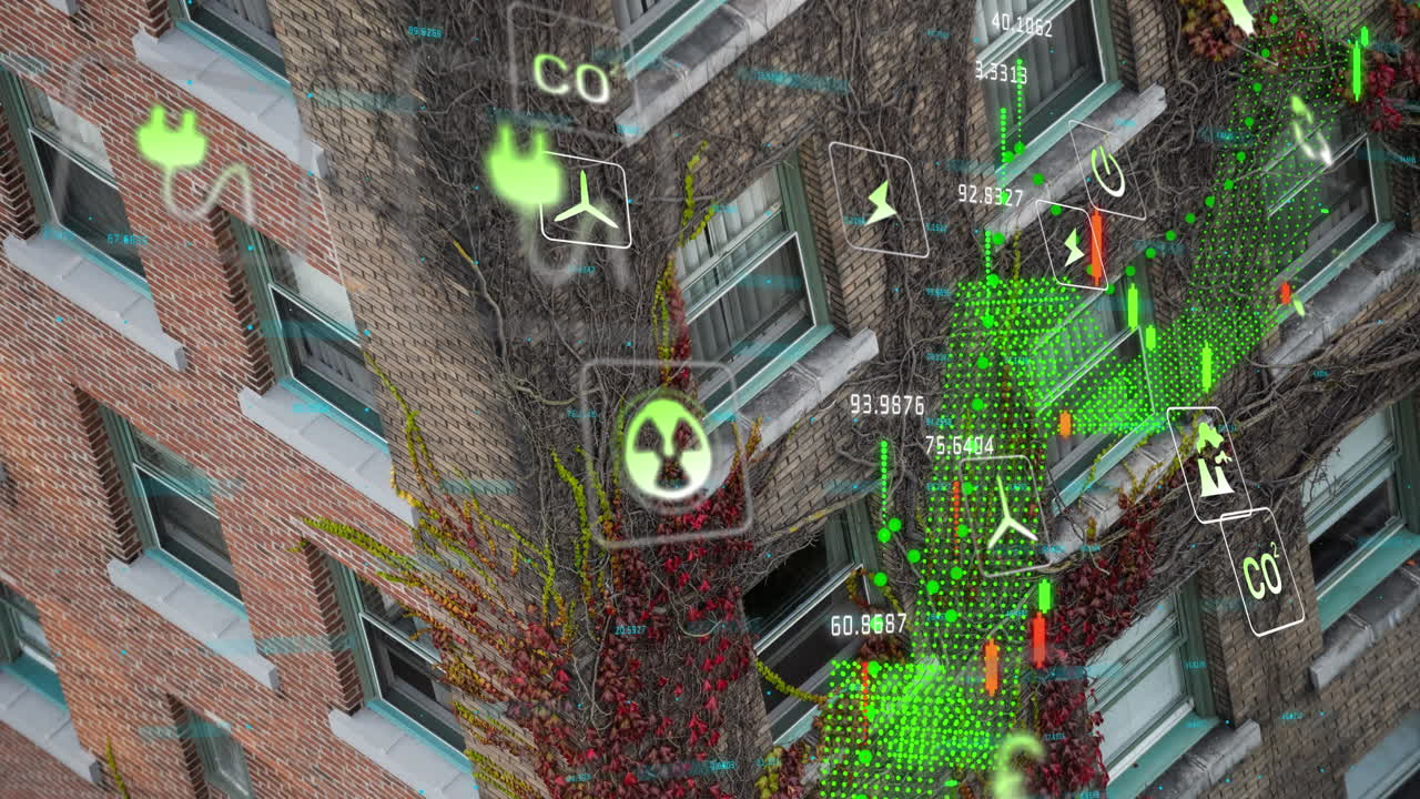 도시 풍경 위의 데이터 처리 애니메이션