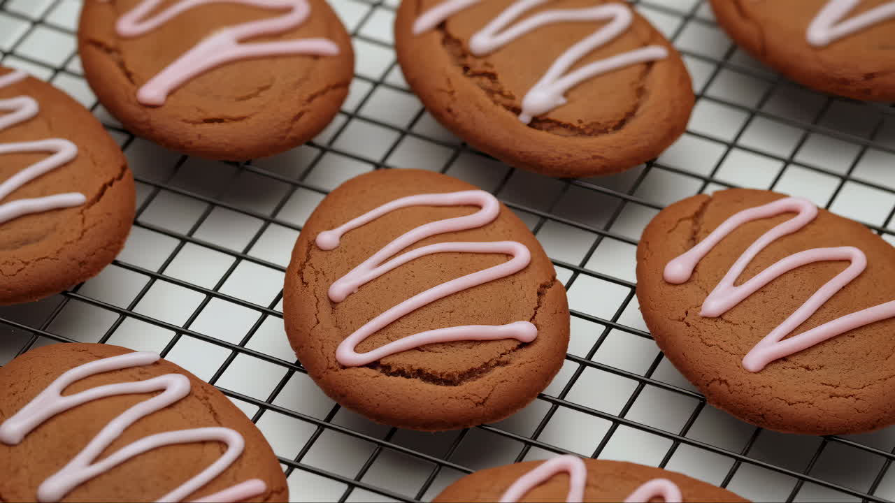 Biscotti ovali appena sfornati con glassa rosa e bianca