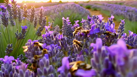 bees pollinating lavender flowers at sunset