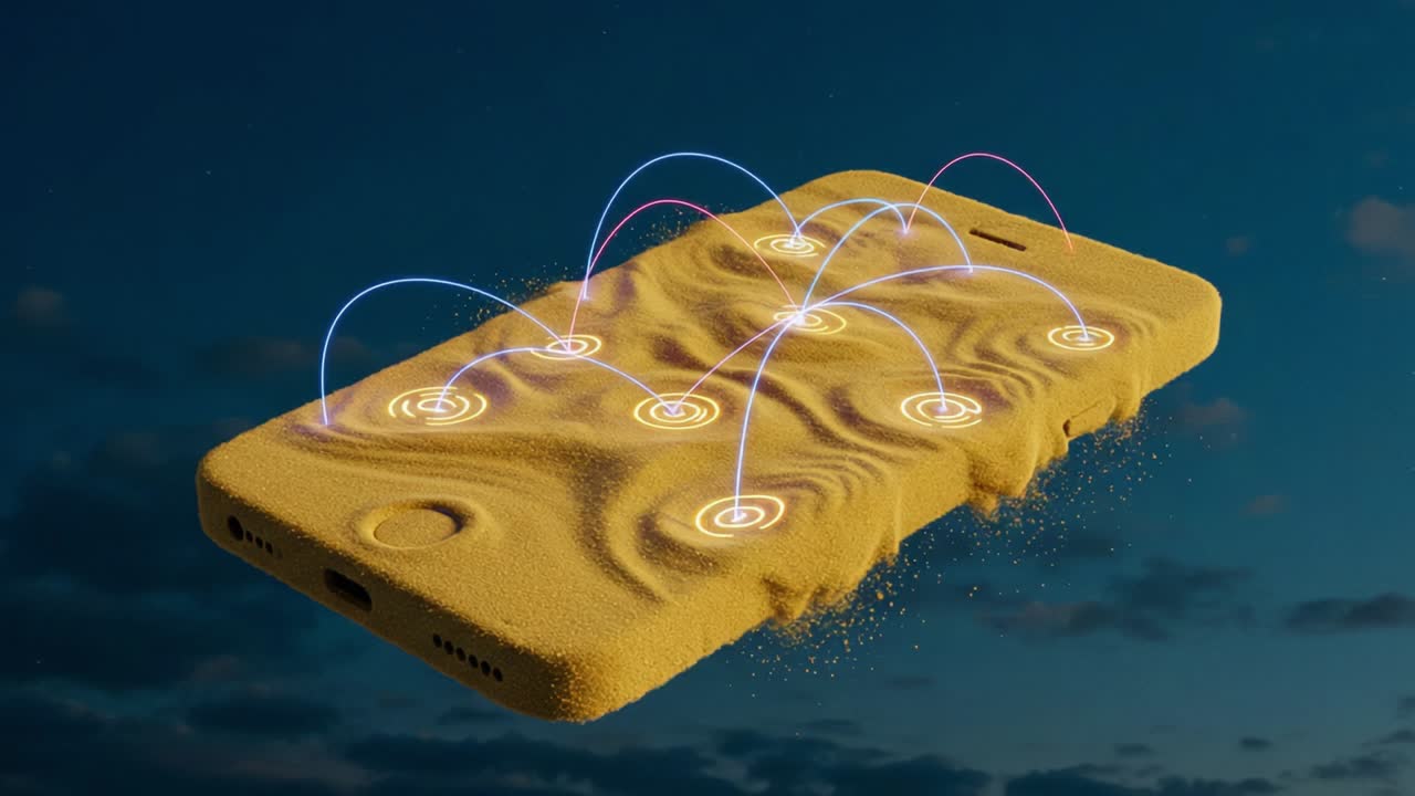 Innovative Digital Surfaces: A Conceptual Examination of a Textured Smartphone Design Merging Technology and Aesthetic Sand Patterns Against a Dreamy Sky Background