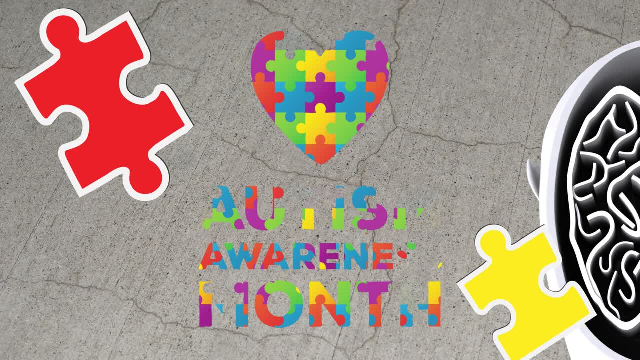 오티즘에 대한 인식의 달에 퍼즐이 떨어지는 애니메이션 텍스트와 퍼즐로 형성된 심장
