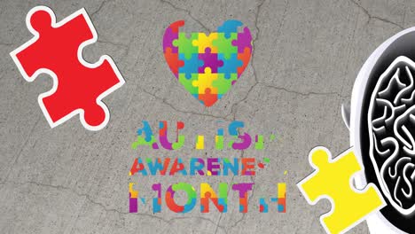 animación de rompecabezas que caen sobre el mes de concienciación sobre el autismo texto y corazón formados con rompecabeos
