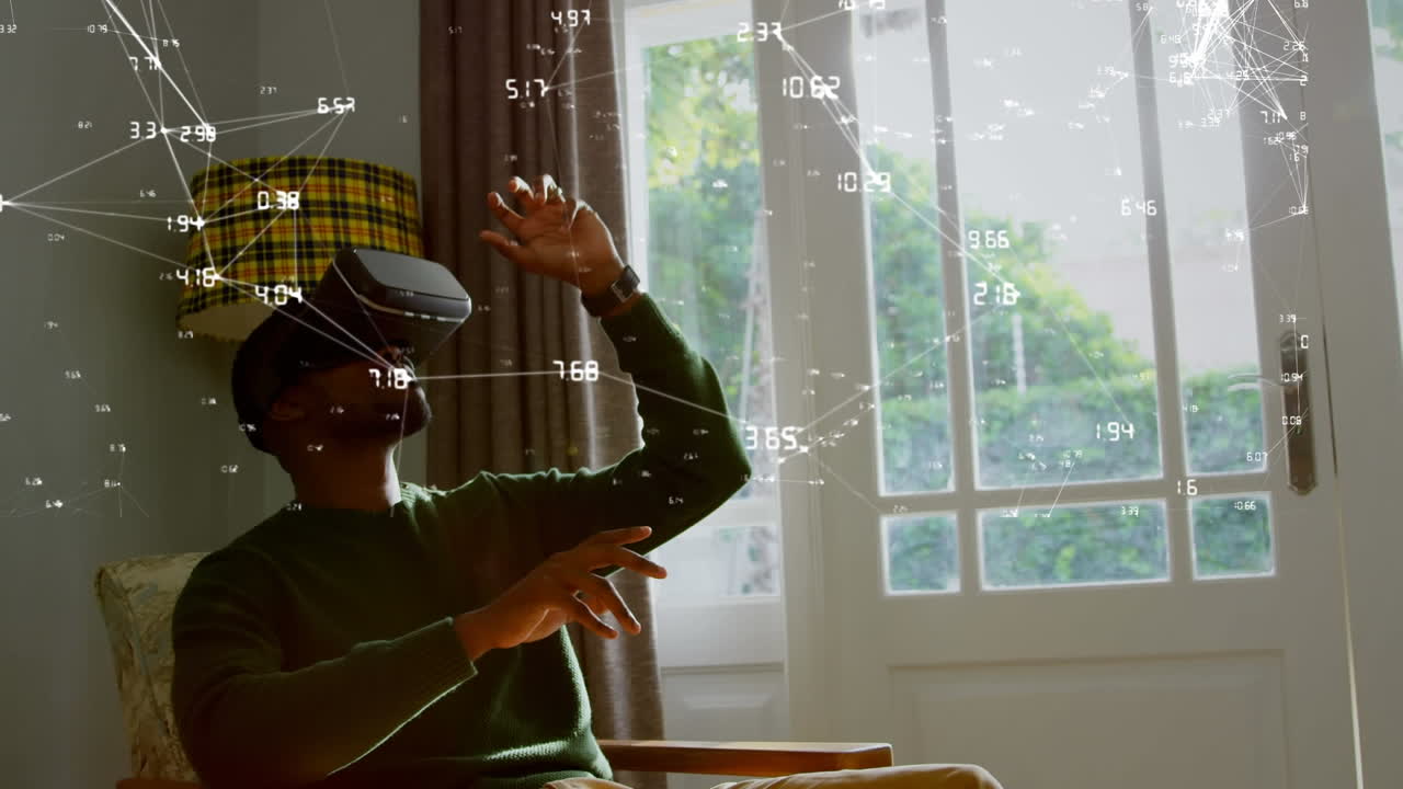 Animation of network of connections and data processing over man in vr headset