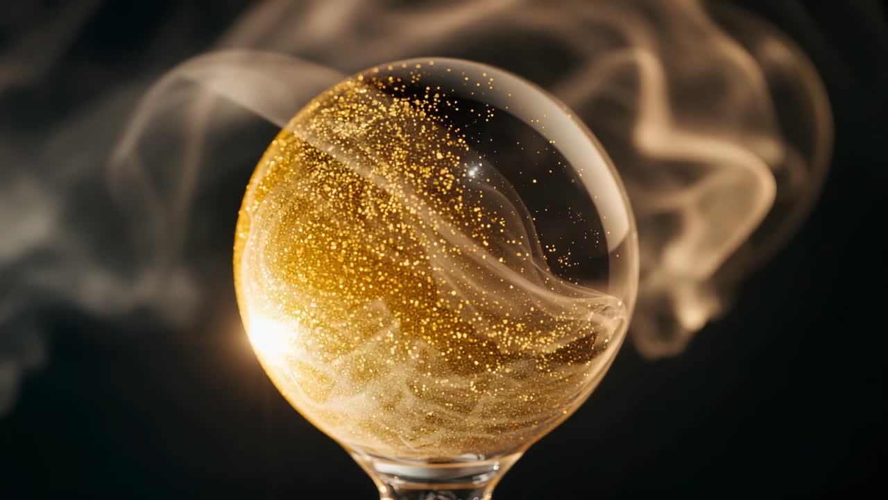Opening glass sphere emitting smoke in studio, with swirling golden particles forming glowing cloud