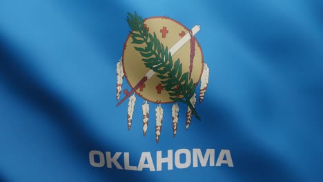 la bandera del estado de oklahoma en 3d está revoloteando en el fondo de la brisa. clip de video animado en 4k que se enlaza de una manera realista