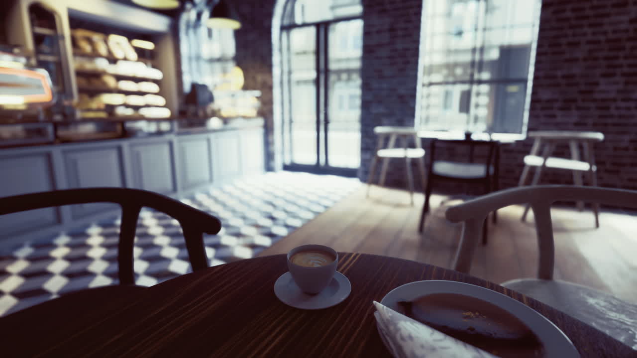 Cozy cafe setting with a coffee cup and a pastry in a bright space