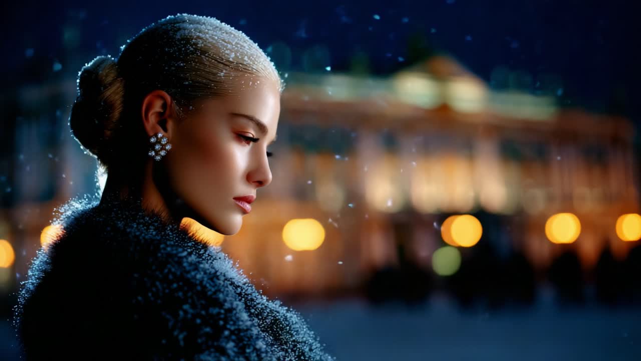Un ritratto invernale accattivante: una bellissima donna in abiti eleganti con scintillanti fiocchi di neve, ambientata in un paesaggio notturno romantico di luci soffuse e architettura classica