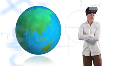 mathematical equations floating against spinning globe and man using vr headset