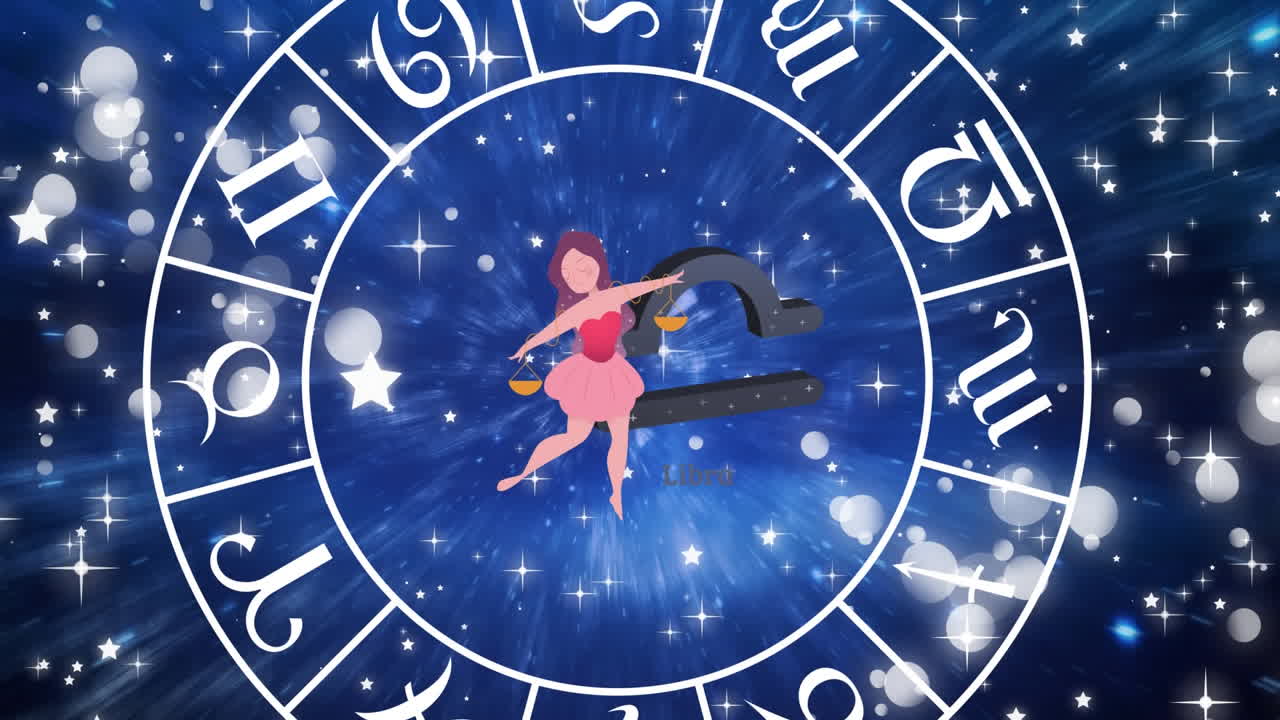 animación de la rueda giratoria del signo de la estrella con el signo de libra y las estrellas
