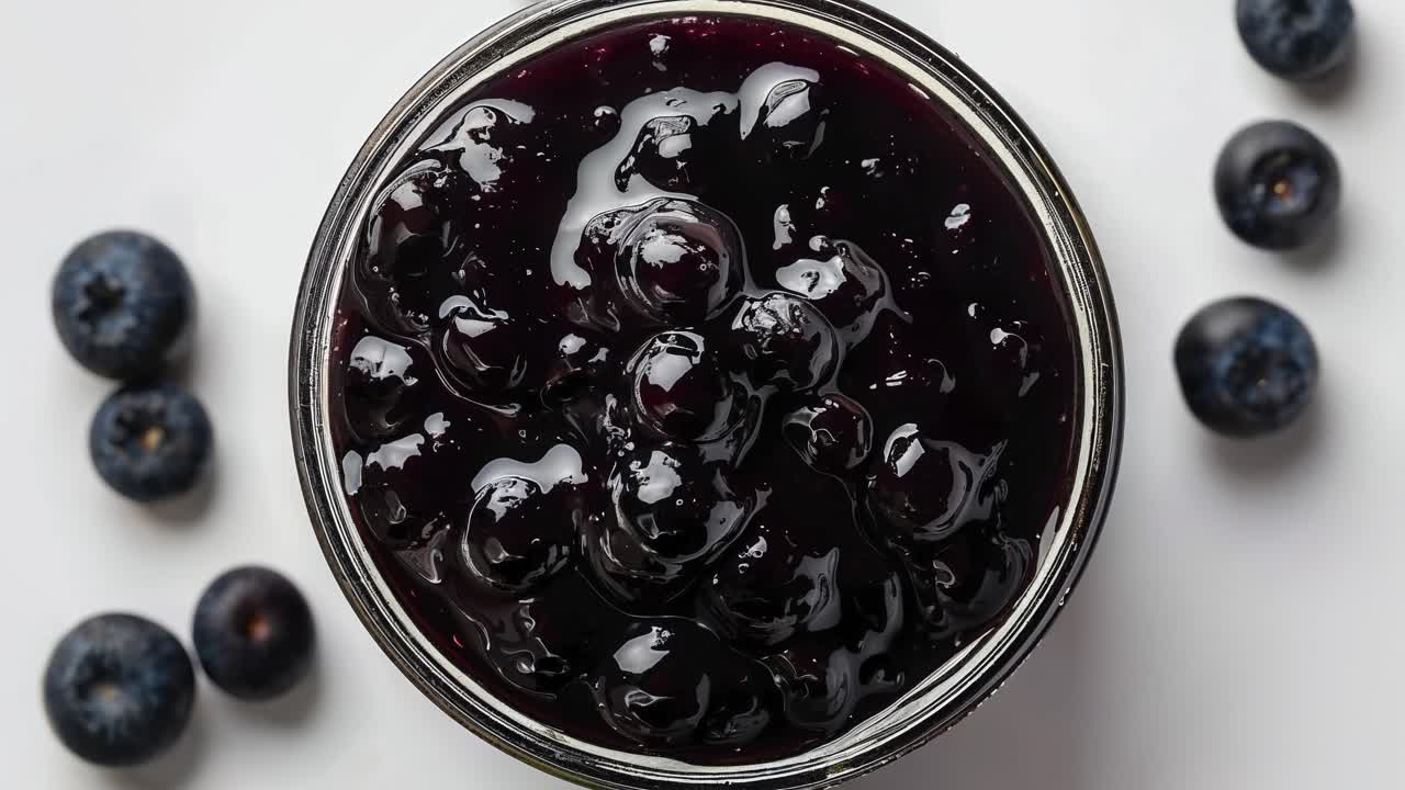 Top View Jar Of Fresh Blueberry Jam With Whole Blueberries