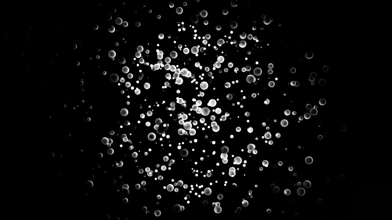 검은색 바탕에 흔들리는 추상적인 단색 구름, 더 작은 입자들로 둘러싸여, 원활한 루프, 애니메이션, 움직이는 은색 작은 구와 우주 먼지