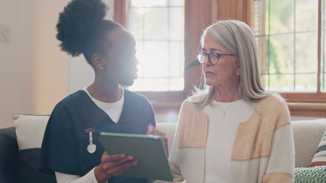 Elderly, woman and nurse with tablet