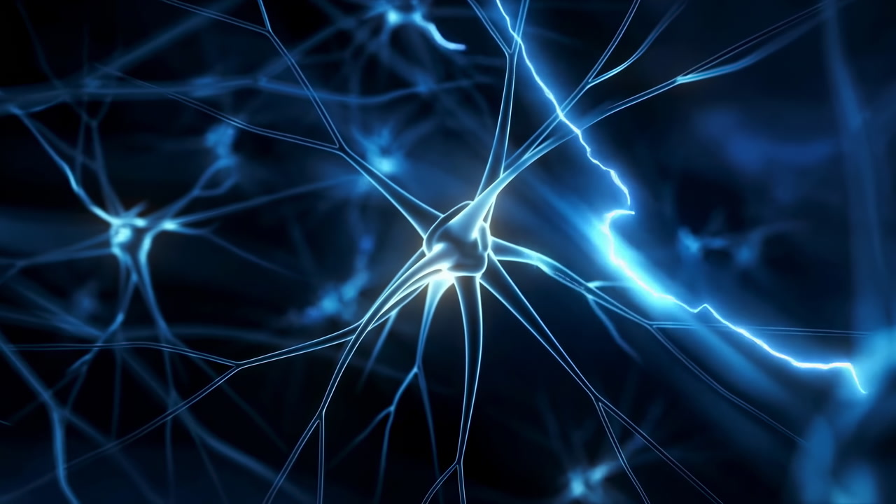 Glowing Blue Neurons Pulse Across Microscopic Network Of Electric Synapses And Axons, Cinematic Depth