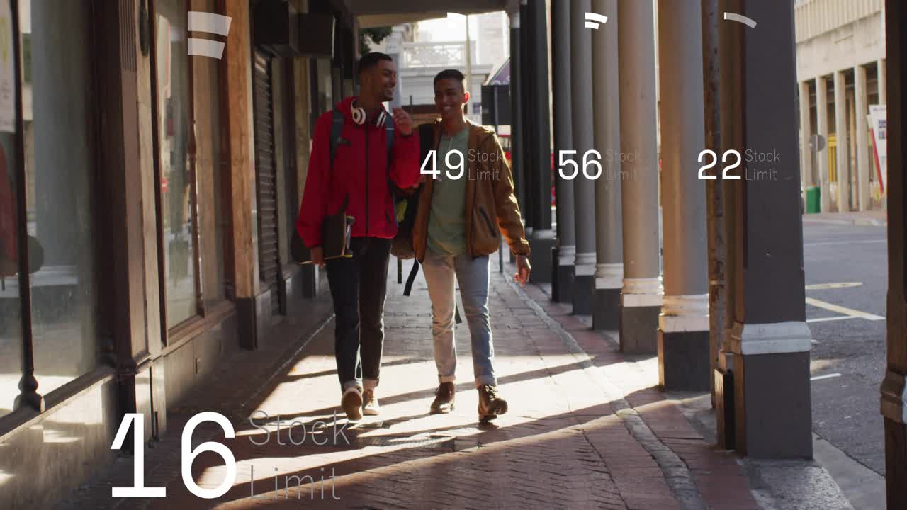Two men walking, motion initiating finance HUD tracking stock overlaying rings and counters peaking