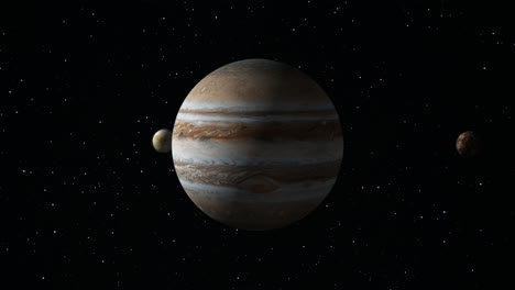 a vfx animation of jupiter rotating in space with its moons europa and callisto