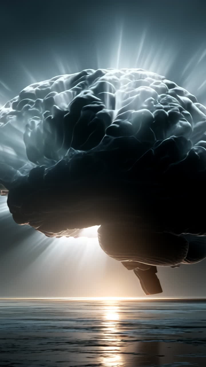 Brain with light rays. A surreal portrayal of a brain emitting bright light rays against a dark ocean backdrop at sunset.
