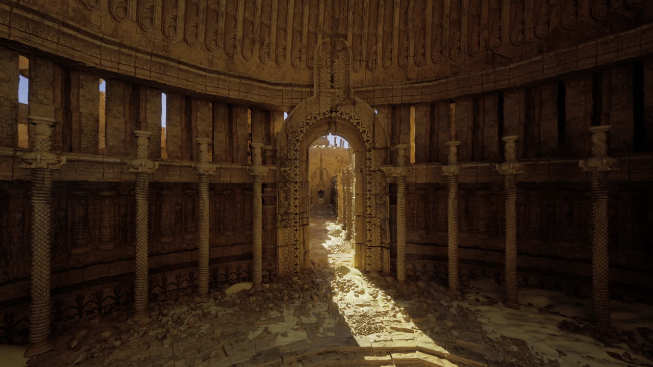 Exploring ancient ruins with intricate architecture and sunlight shining