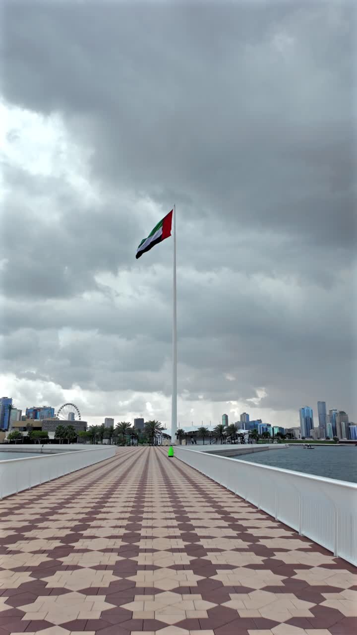 La bandiera nazionale degli Emirati Arabi Uniti vista contro un cielo nuvoloso a Sharjah.