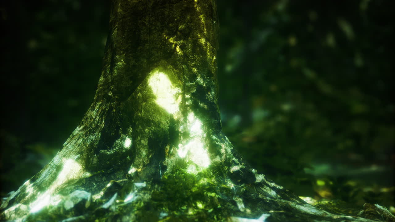 Vibrant light showcasing the roots of a tree in a lush forest setting