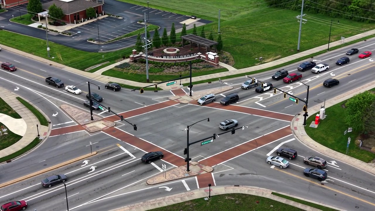 Aerial view of traffic flowing, through the main intersection, in Springboro, Ohio