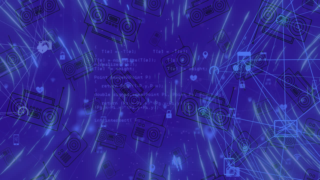 Animation of network of connections with icons over blue background