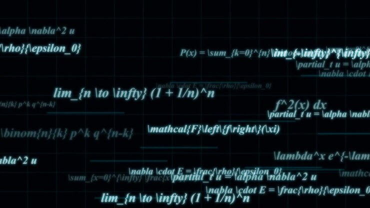 Svævende matematiske formler og ligninger på mørk gitterbaggrund