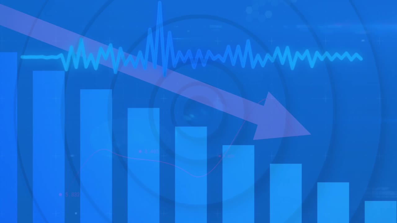 파란색 배경에 원형 터널 위의 그래프와 음파에 있는 화살표의 애니메이션