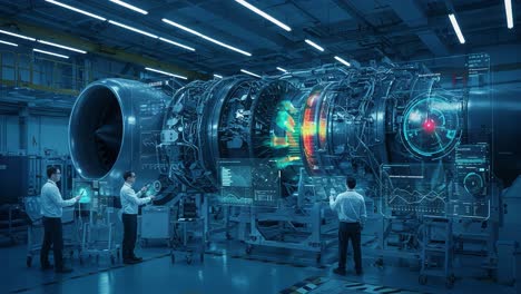 Advanced Aerospace Technology: Engineers Analyzing and Innovating a Jet Engine Using Cutting-Edge Visualization and Digital Interfaces for Enhanced Performance