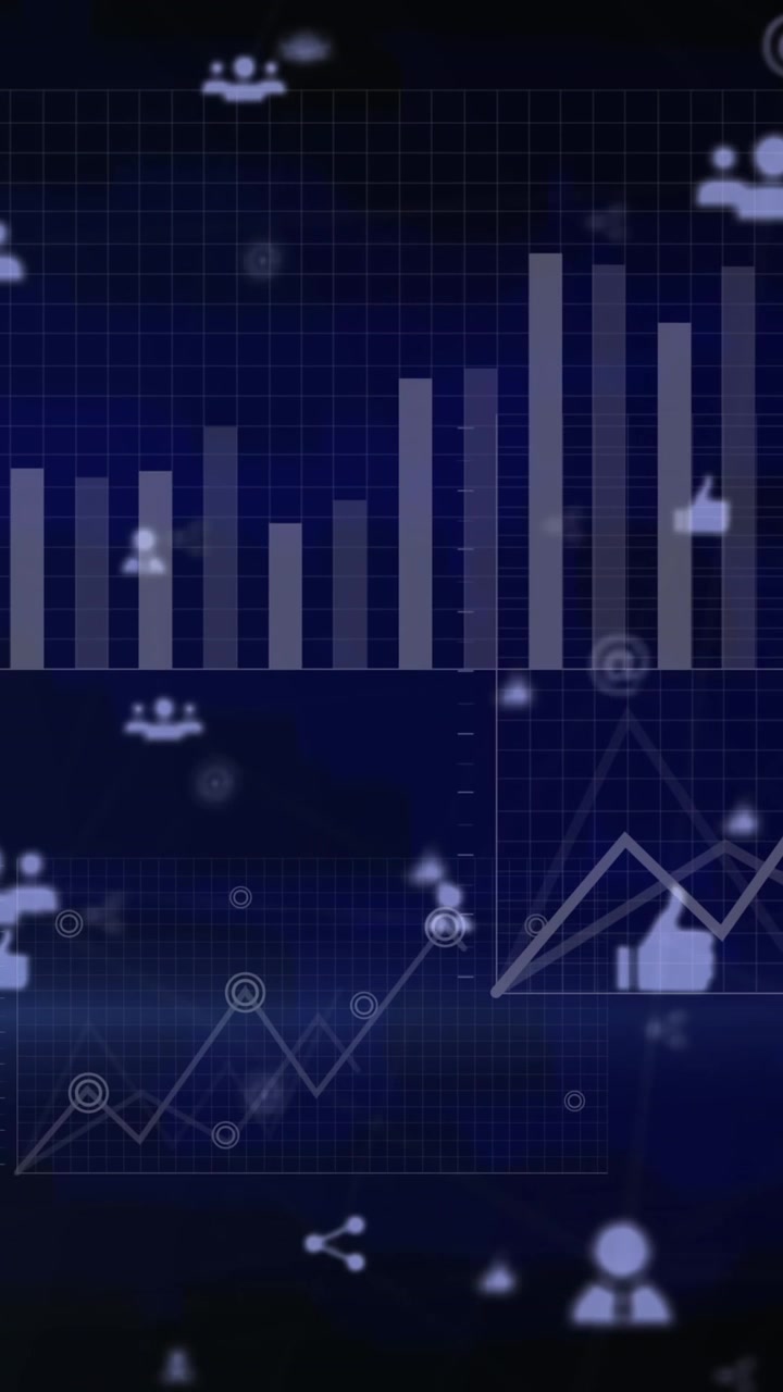 Animazione di icone connesse, grafici, mappa e dati con effetto lens flare su sfondo blu