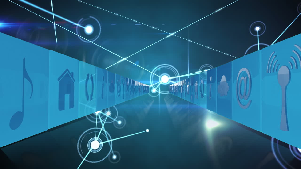 블루 배경에 있는 미디어 아이콘과 연결 네트워크의 애니메이션