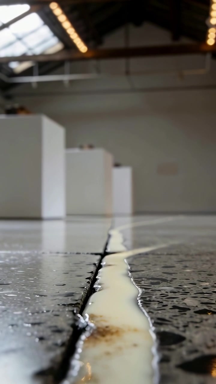 Video vertical: Línea de resina que se filtra desde fuera de cuadro, extendiéndose y mojando el suelo del pasillo con sedimentos