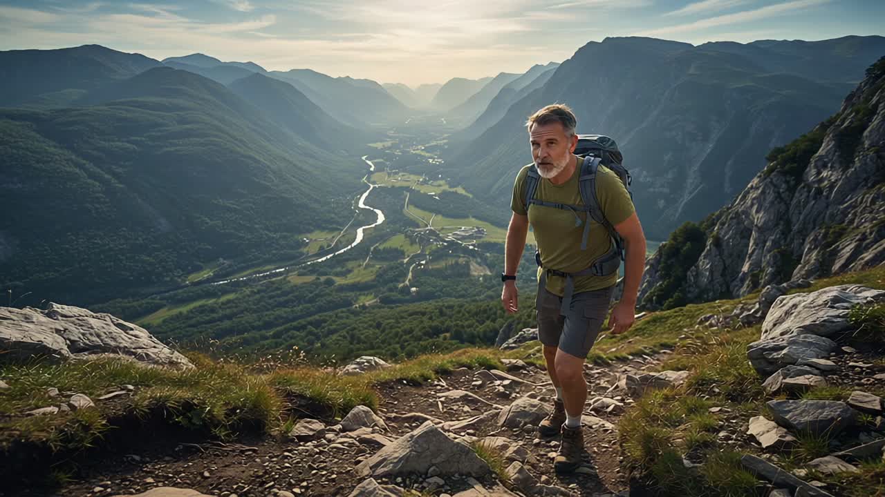 A determined hiker conquers a steep trail while marveling at a breathtaking valley view, capturing the essence of adventure and exploration in nature's stunning beauty