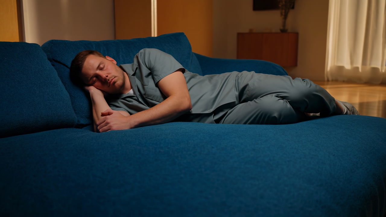 Tired White Nurse Resting On Couch Wearing Scrubs In Dim Living Room, Warm Lamp Glow, Curtain Backdrop, Late
