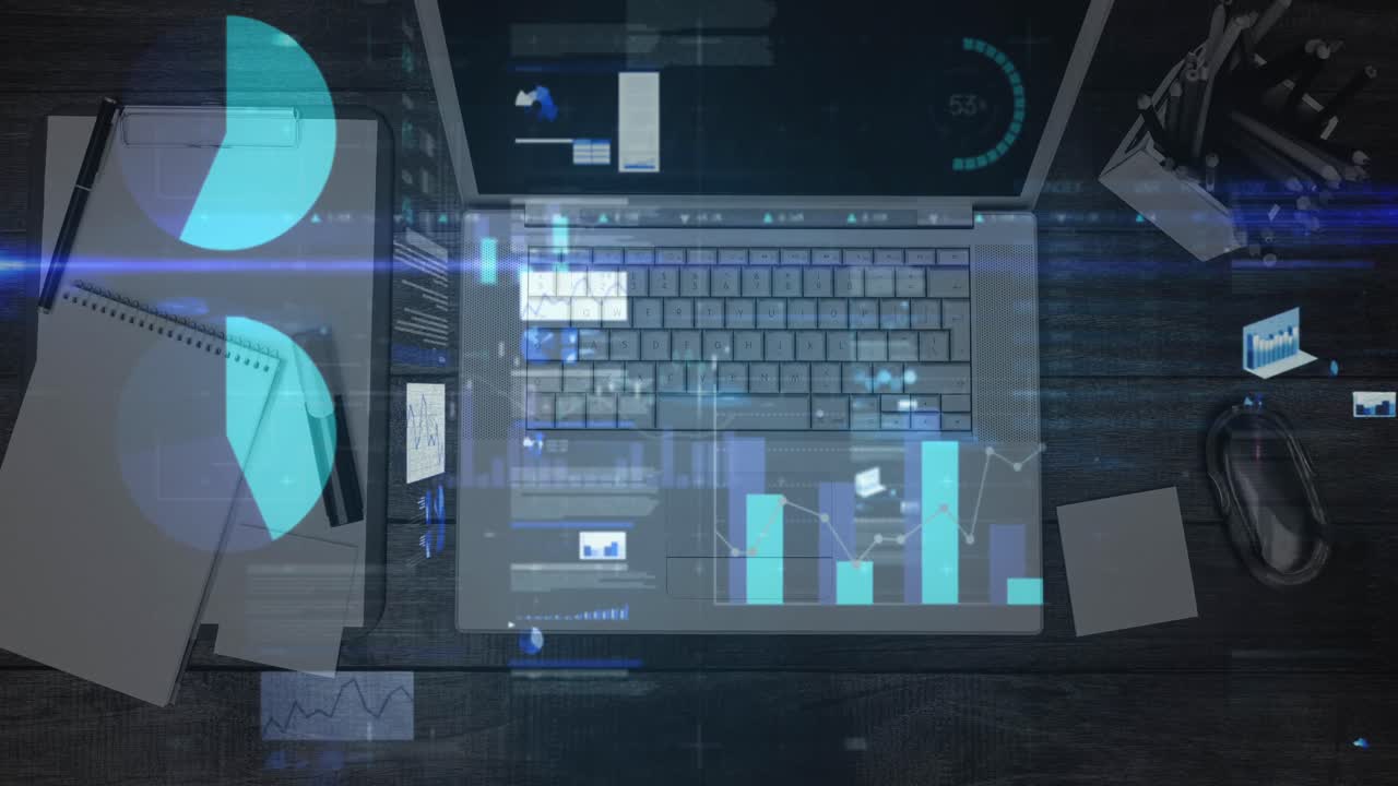 Statistical data processing against overhead view of laptop and office equipment on wooden desk